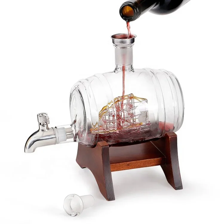 Antique Hand-Blown Barrel Glass Wine Bottle 850ml/1000ml with Wooden Frame Unique Vintage Style Beverage Container