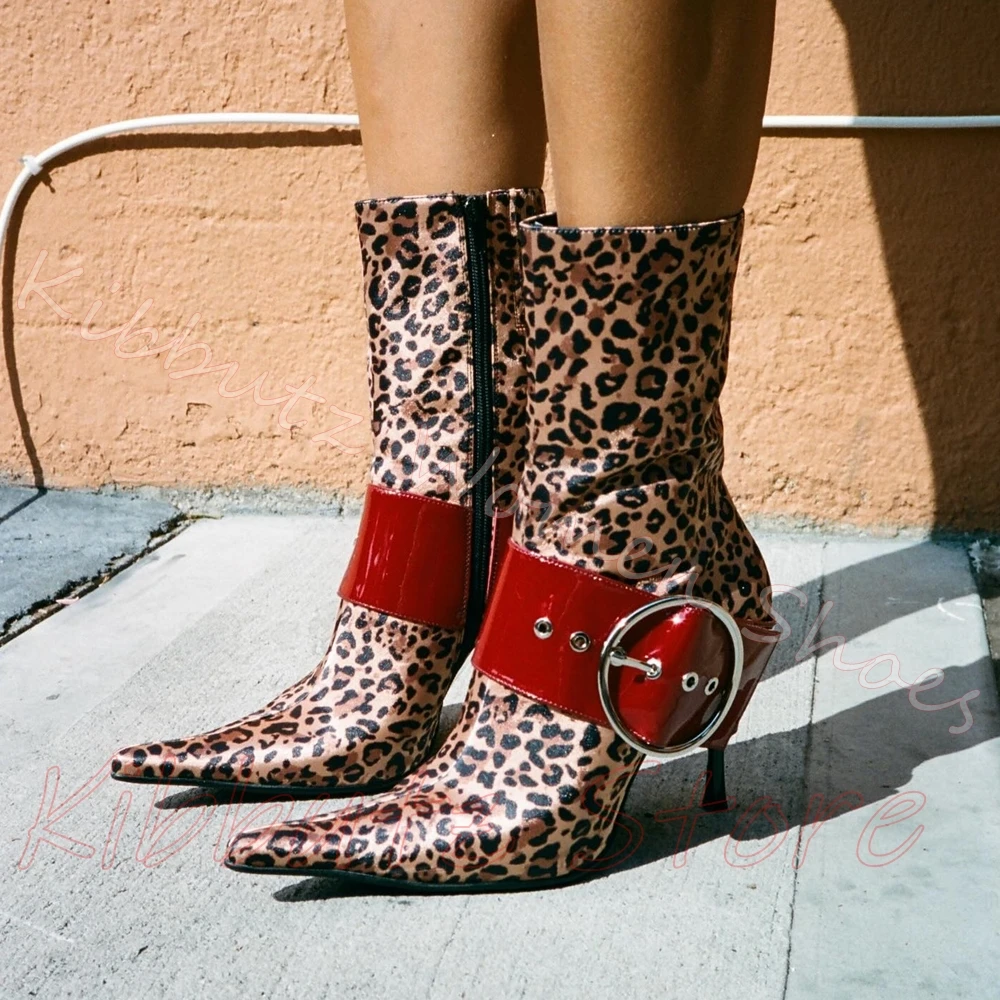 Women Leopard Print Ankle Boots Pointed Toe Stiletto Heel Leather Side Zipper Big Buckle Fashion Winter Autumn Mixed Color New