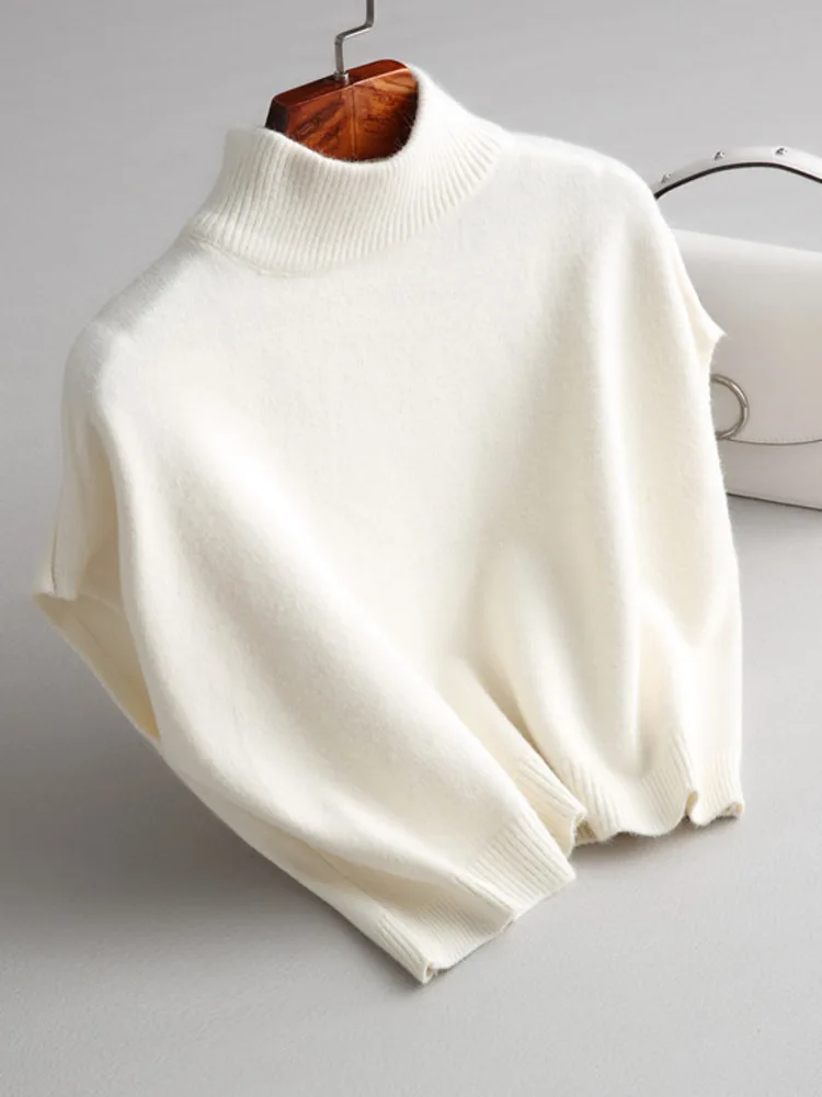 WHTREND 여성용 하이 칼라 니트 스웨터 반팔 배트윙 스타일 루즈 캐주얼 풀오버 가을 겨울 신상품 WH1258