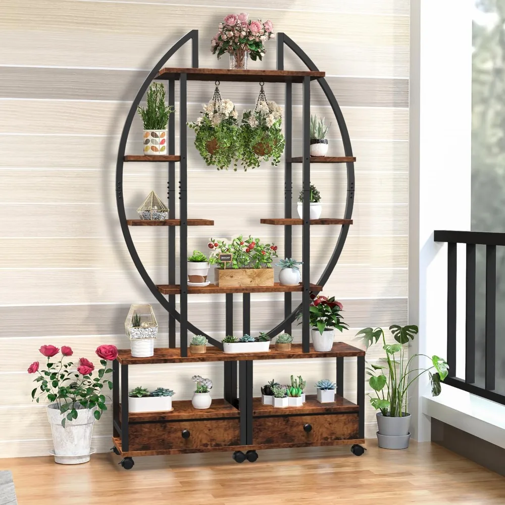 Metal Indoor Plant Stand with Detachable, Half-Moon-Shaped Plant Shelf Holder with Drawer, Multi-Purpose Plant Shelves