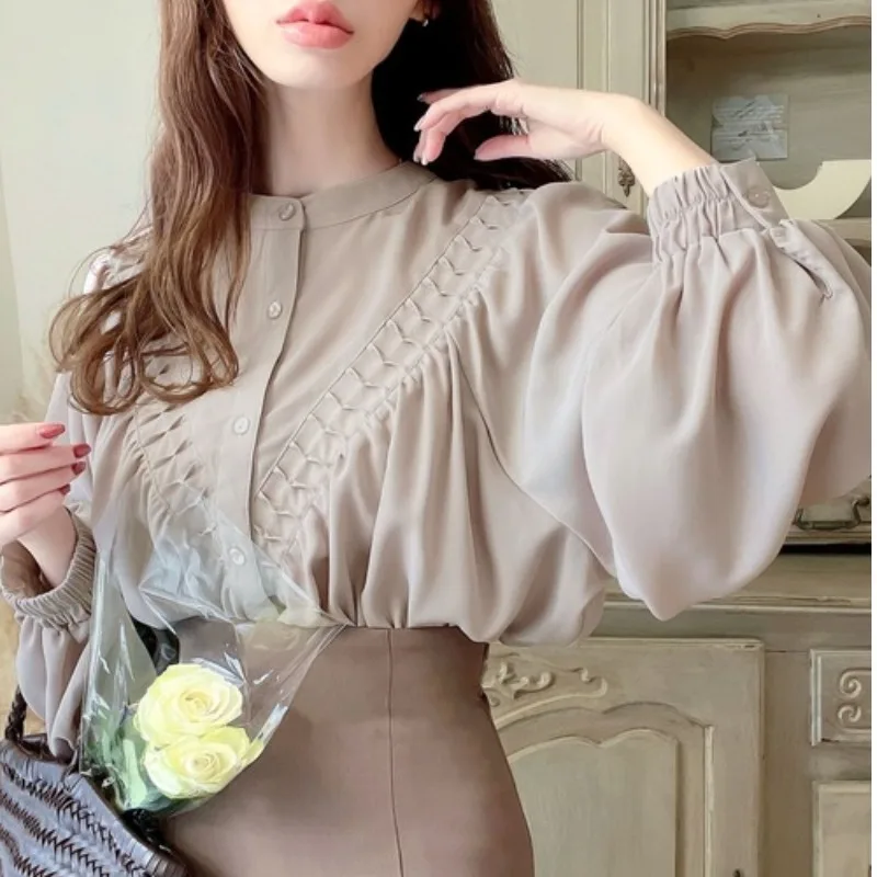 

Spring New Ele Japanese Sle Pleated round Ne Lantern Sve Chiffon irt Loose Fit Sweet Sle Mid-Length Long Sve