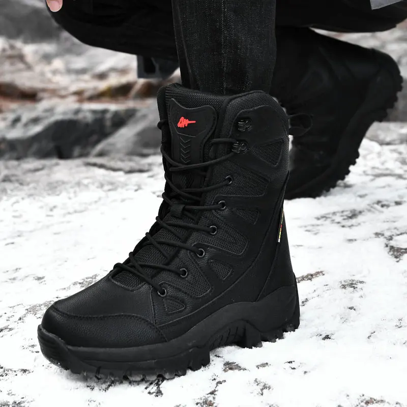 Men Motorcycle Tactical Boots Lace Up Women Army Warm Comfortable Climbing Hiking Shoes Plush Unisex Hunting Boots High Quality