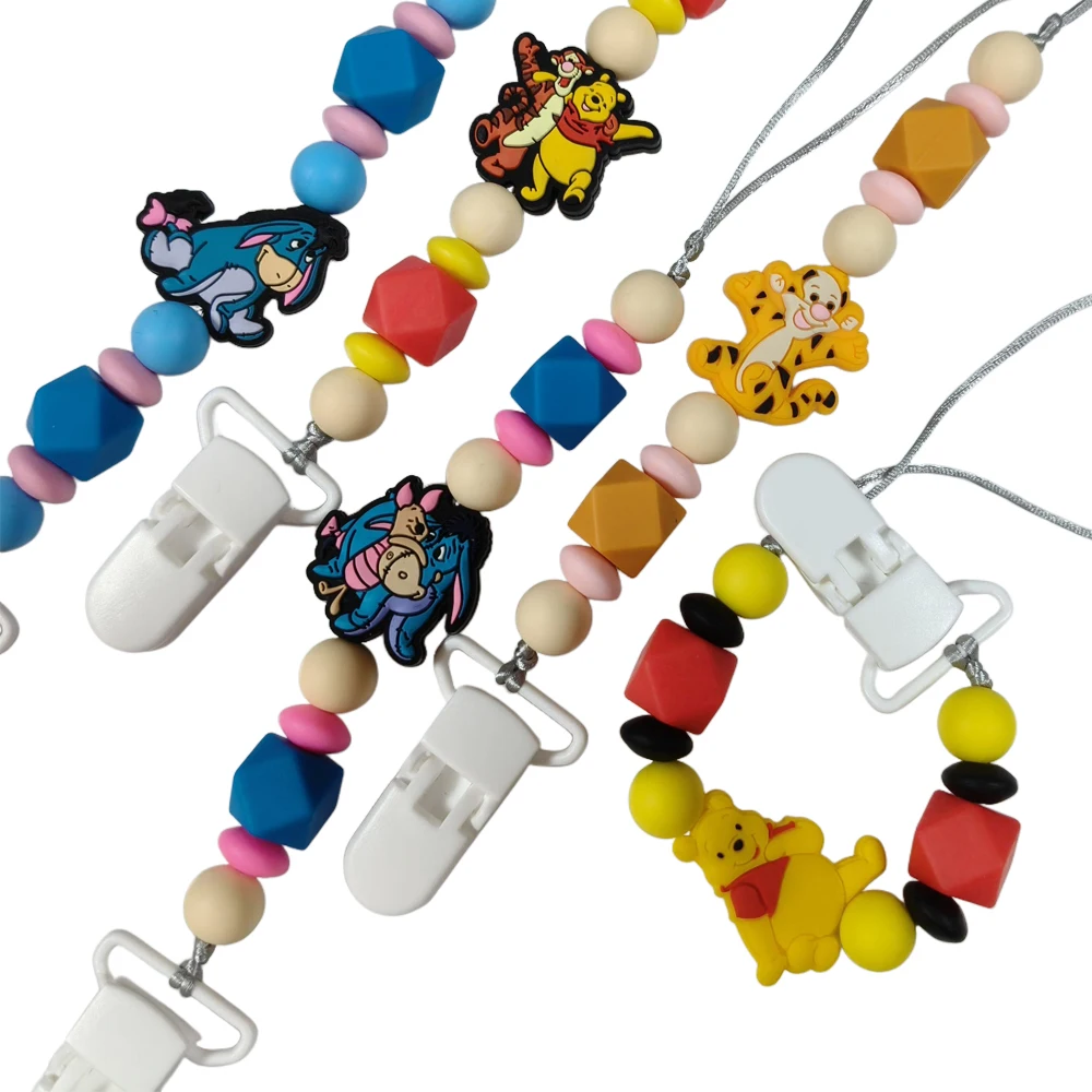 

1PCS Winnie the pooh Tigger Eeyore Piglet Silicone focal bead baby Pacifier Chain Clips Dummy Nipples Holder Teething Chain