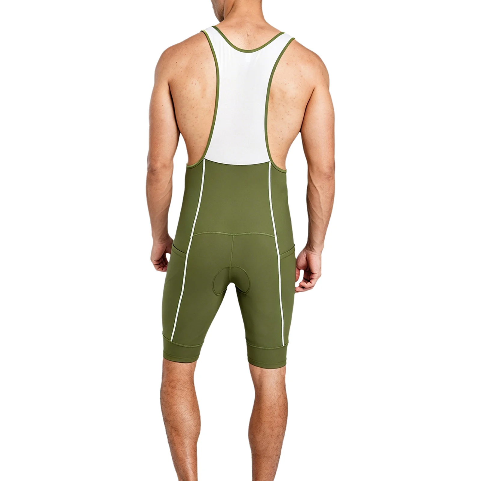 Men Skinny Padded Cycling Leotards Jumpsuit Deep U Neck Sleeveless Color Block Mesh Patchwork Bike Overalls Rompers with Pockets