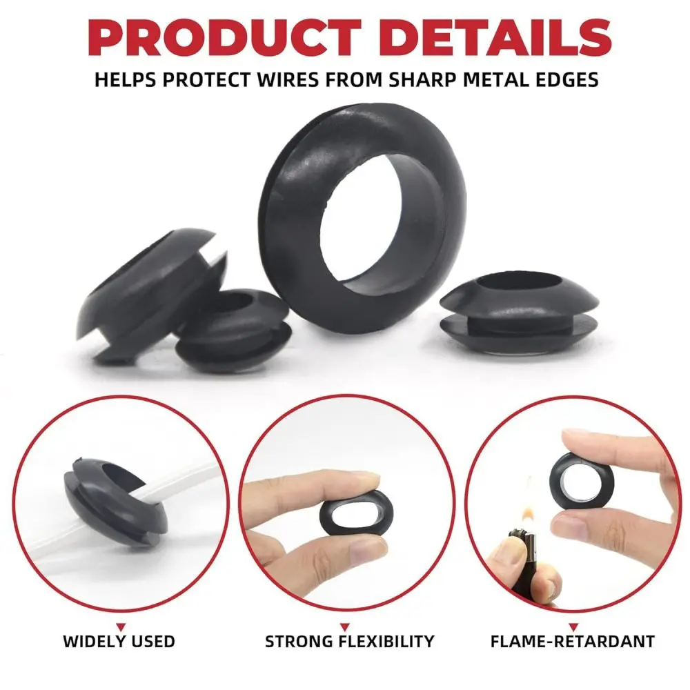 215 Rubber Grommet Assortment Kit Sealing Gasket O Ring Hardware Electrical Cable Protector Wire Hole Plugs Black Color