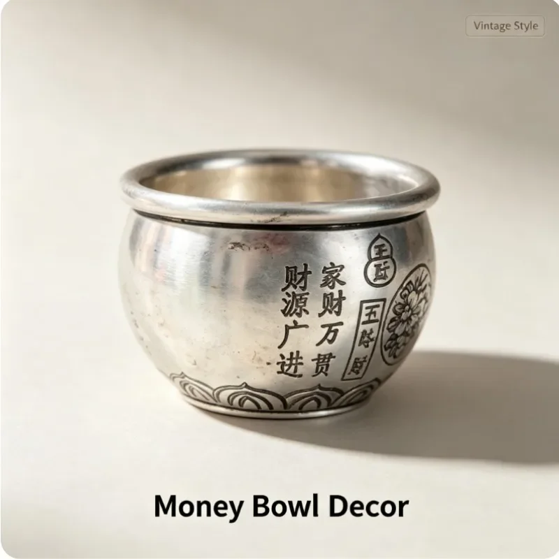 Vintage Money Bowl Decorative Figurine Resin Treasure Bowl Statue Silver Tone Craft Ornament for Home Desktop Shelf Decor Gift