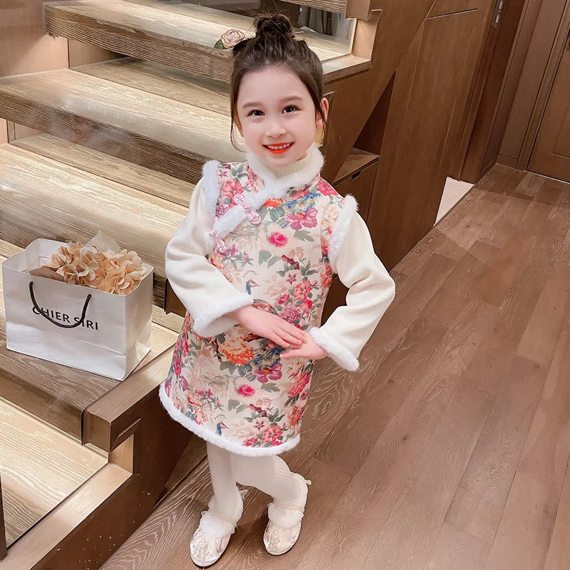 

Girls' Qipao Autumn And Winter New Year Dress Improved Version Skirt Chinese Style Children's Baby Vintage Velvet Ne Cheongsam