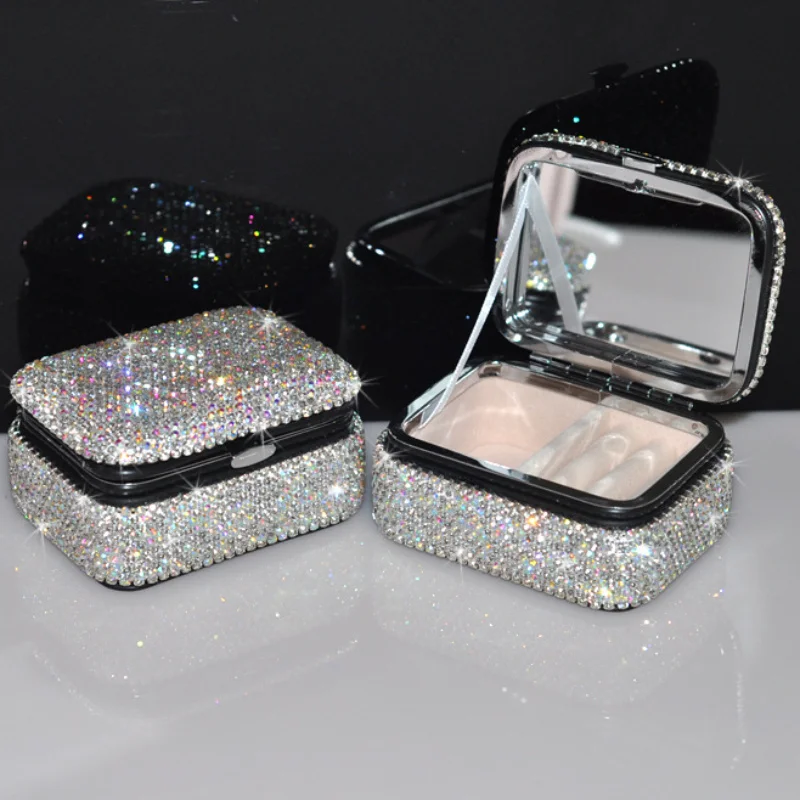 Creative Diamond Inlaid Small Jewelry Box, Portable Mirror, Makeup Box, Earrings, Ring Necklace, Jewelry Storage Box