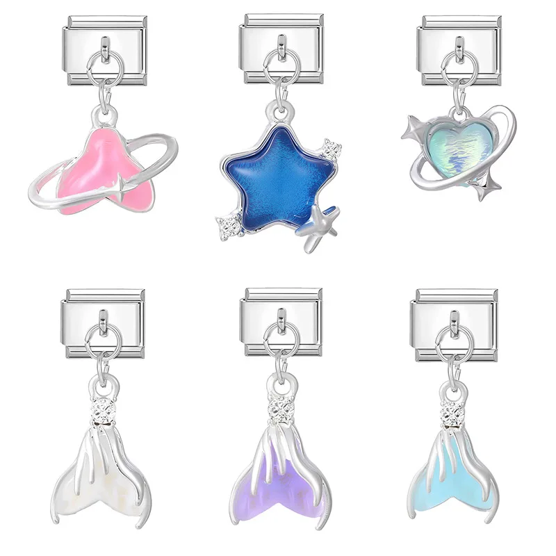 

Colorful Fishtail Moon Star Bow Flowers Crystal Pendant Italian Charm Link Fit 9MM Stainless Steel Bracelet Men Women DIY Making