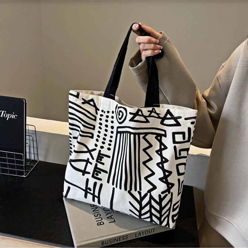 

Холщовая Сумка-тоут с граффити в стиле Харадзюку для женщин, вместительная Повседневная сумочка-тоут на плечо, тоут в полоску для ежедневных покупок, студенческий книжный портфель