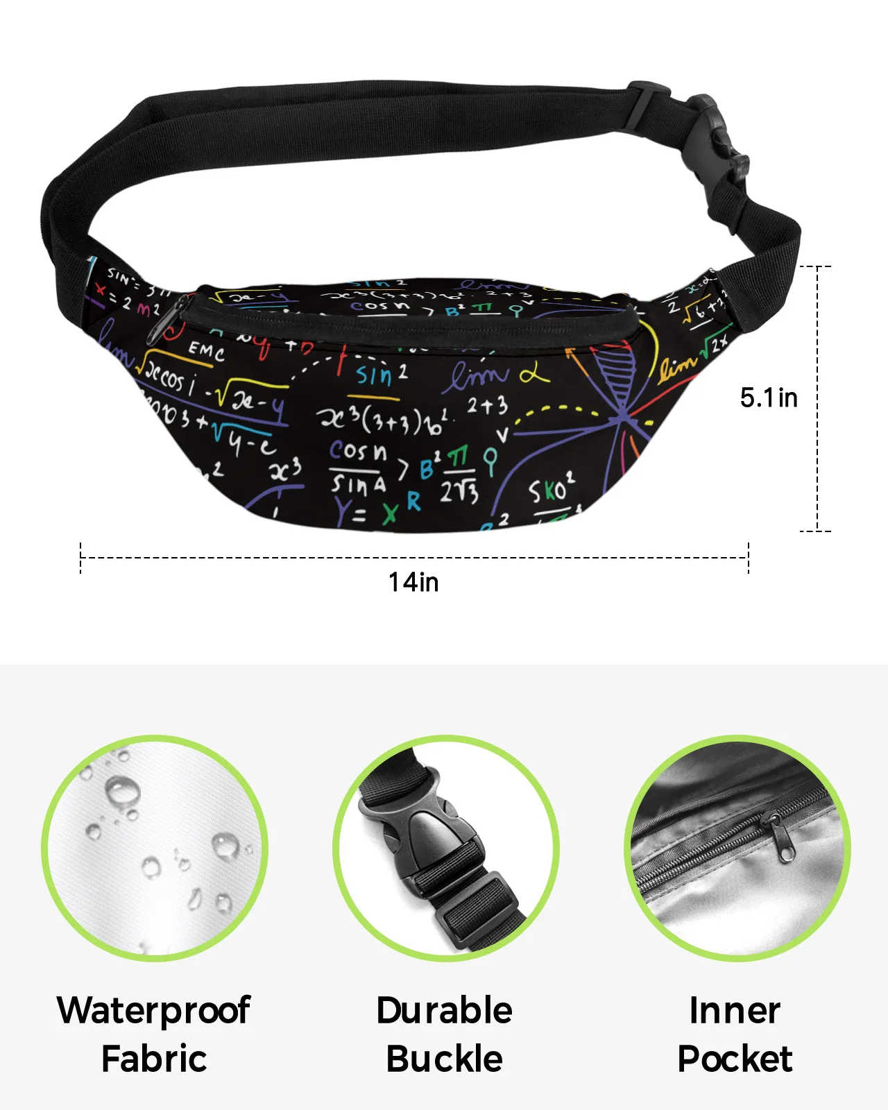 Mathematics Formula Chart Waist Bag Women Men Belt Bags Large Capacity Waist Pack Unisex Crossbody Chest Bag