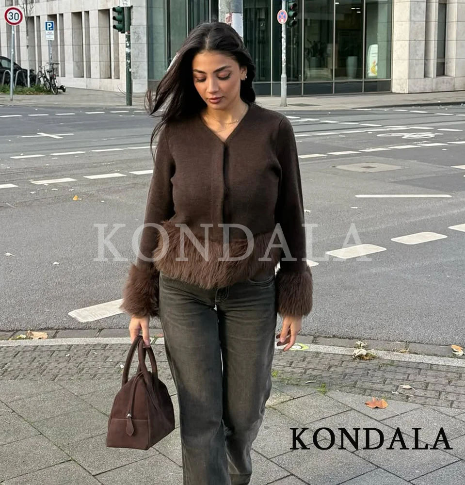 KONDALA Fall Elegant Fur Hem Cardigan Women's Casual Brown Faux Fur Knitted Slim Jacket 2025 Autumn Fashion Cute Ladies Cardigan