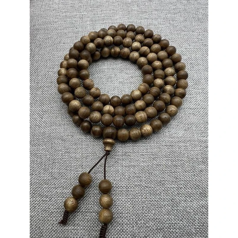 Natural aged green Qinan agarwood bracelet with 108 beads, multi-loop long string for men and women, 0.8 gold leaf