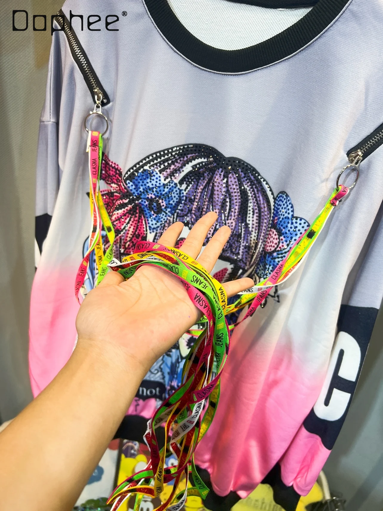 Fashion Cartoon Rhinestone Sweatshirt Women Autumn New Loose Mid-Length Round Neck Letter Print Colorful Ribbon Long Sleeve Top