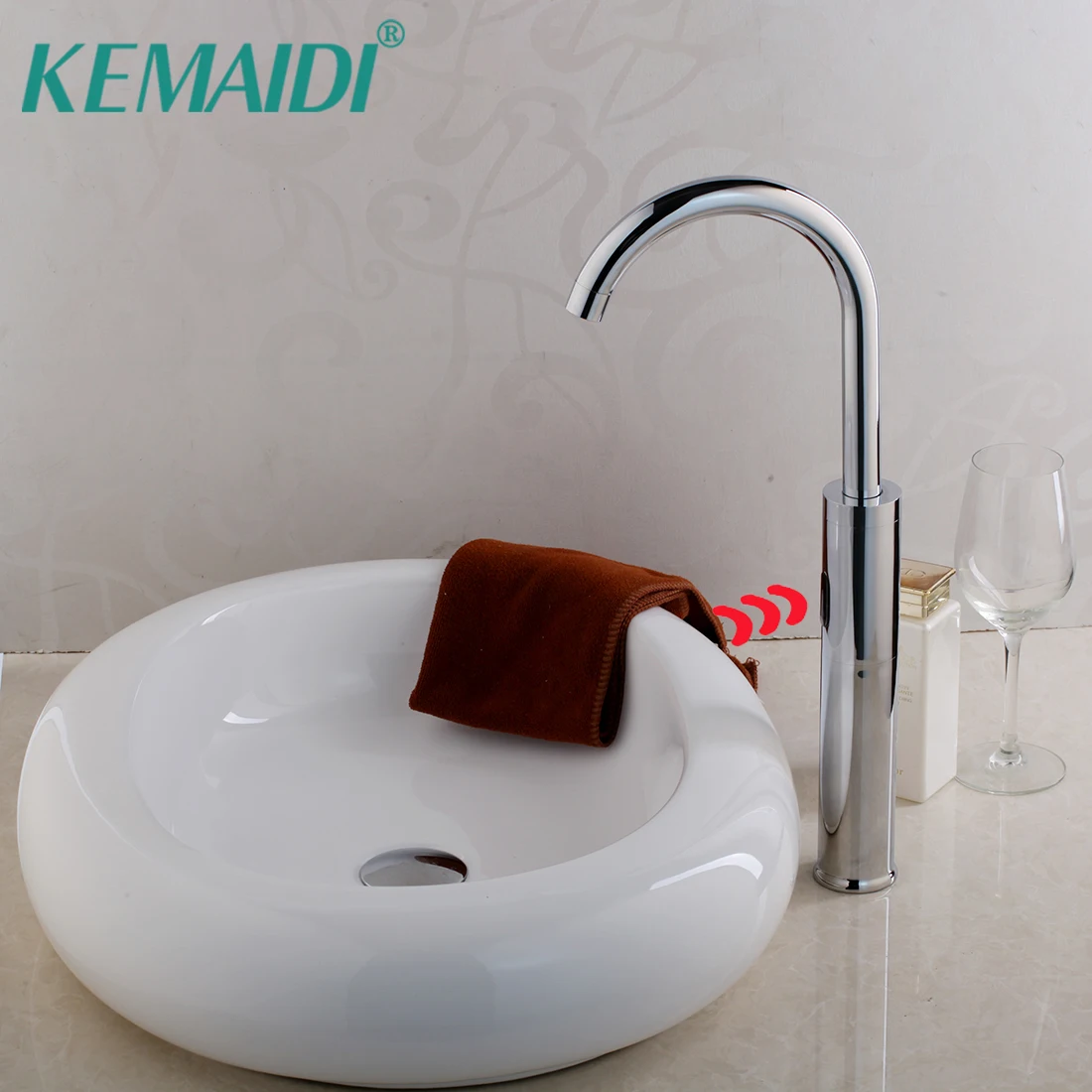 

KEMAIDI Bathroom Round Ceramic Vessel Sink Faucet Combo White Basin Bowl Rectanglar Artistic Washbasin Sensor Faucets Mixer