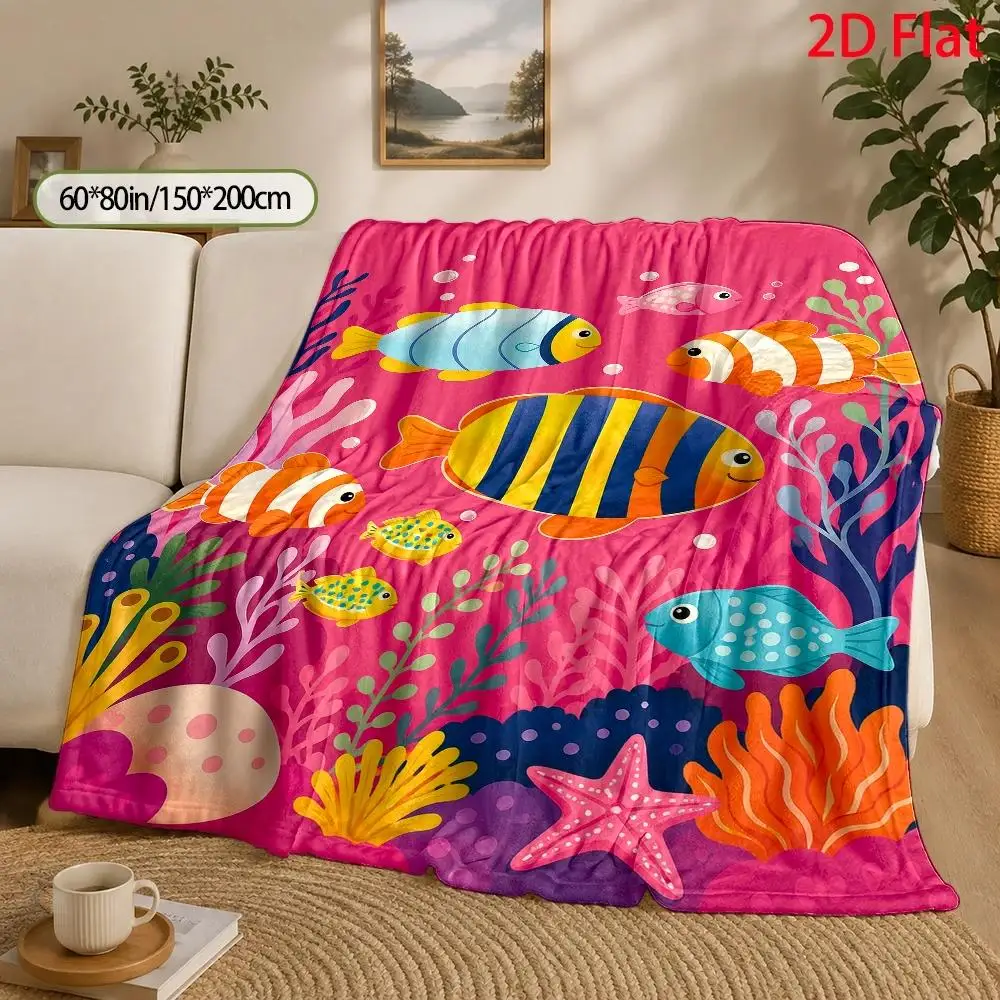 Tropical Fish Print Throw Blanket Sea Life Ocean Decor Throw for Nursery Kids Room Beach Coastal Animal Lagoon Boho Bedding Gift