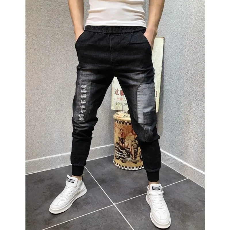 

Men's Clothing 2023 Summer Autumn Jeans Hombre Korean Fashion Trend Hole Patch Haren Pants Male Elastic Men Trousers Streetwear