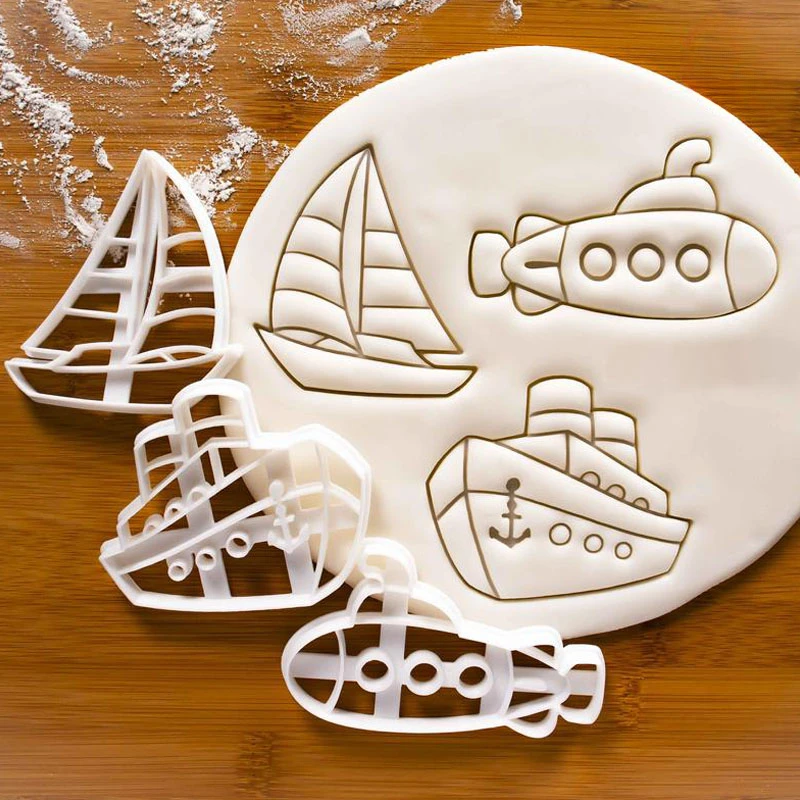 Steamer Submarine Sailing Boat Shaped Cookie Cutters Ship Pattern Fondant Biscuit Stamp Mould Embosser Cake Decoration Tools