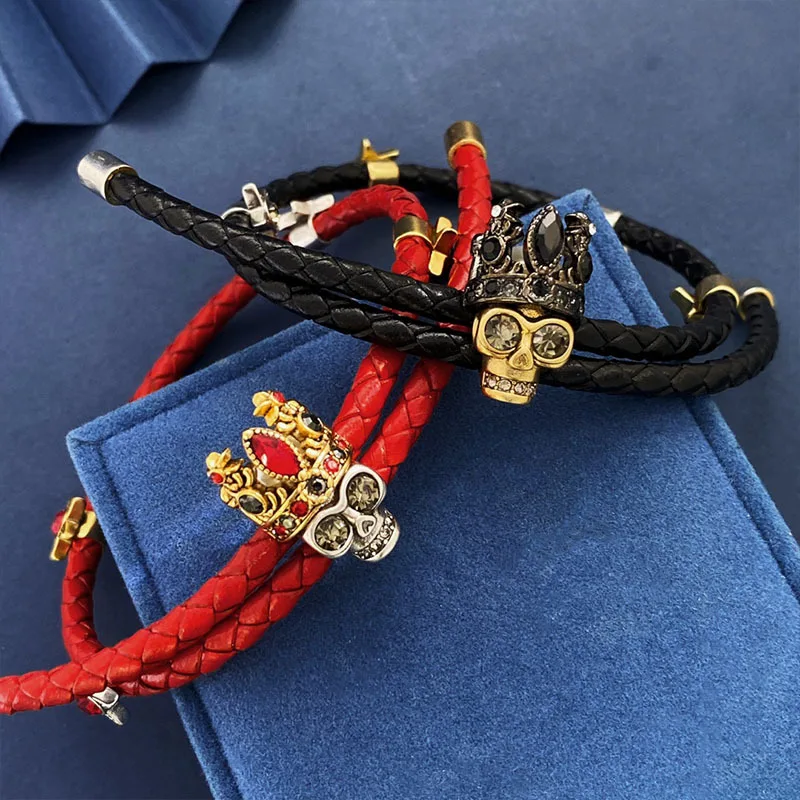 

Модный браслет с черепом и короной, красная кожа, регулируемый браслет в темном стиле хип-хоп, панк