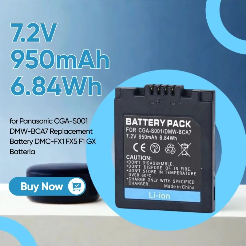 

7.2V 950mAh 6.84Wh Camera Battery for Panasonic CGA-S001 DMW-BCA7 Replacement Battery DMC-FX1 FX5 F1 GX Batteria