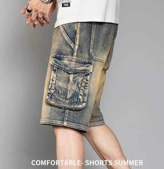 Men Jeans Multi Pocket Summer Loose Male Distressed Wide Leg Knee Length Shorts Washed Fashion Denim Shorts