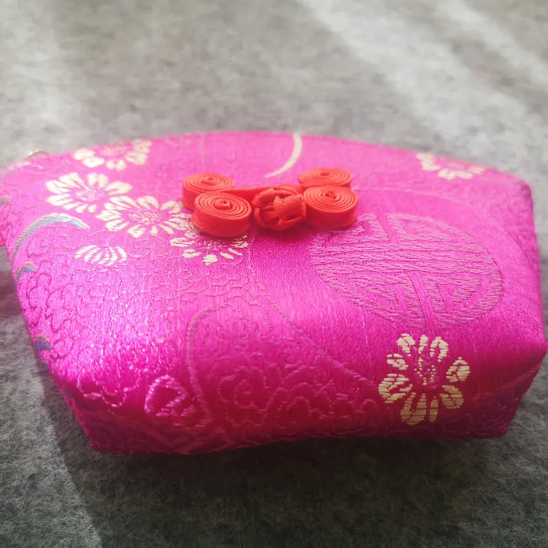 Oriental Rose Red Coin Purses Weaving Brocade Satin Wallet With Mini Knot Decorate & Shou Pattern Mini Bag Ethnic Accessories