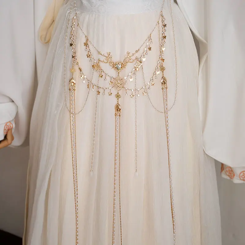 

‌ Поясная цепочка Hanfu ручной работы - длинная жемчужная бахрома, кулон в стиле династии Тан, китайский костюм, аксессуар, украшение на талию для женщин