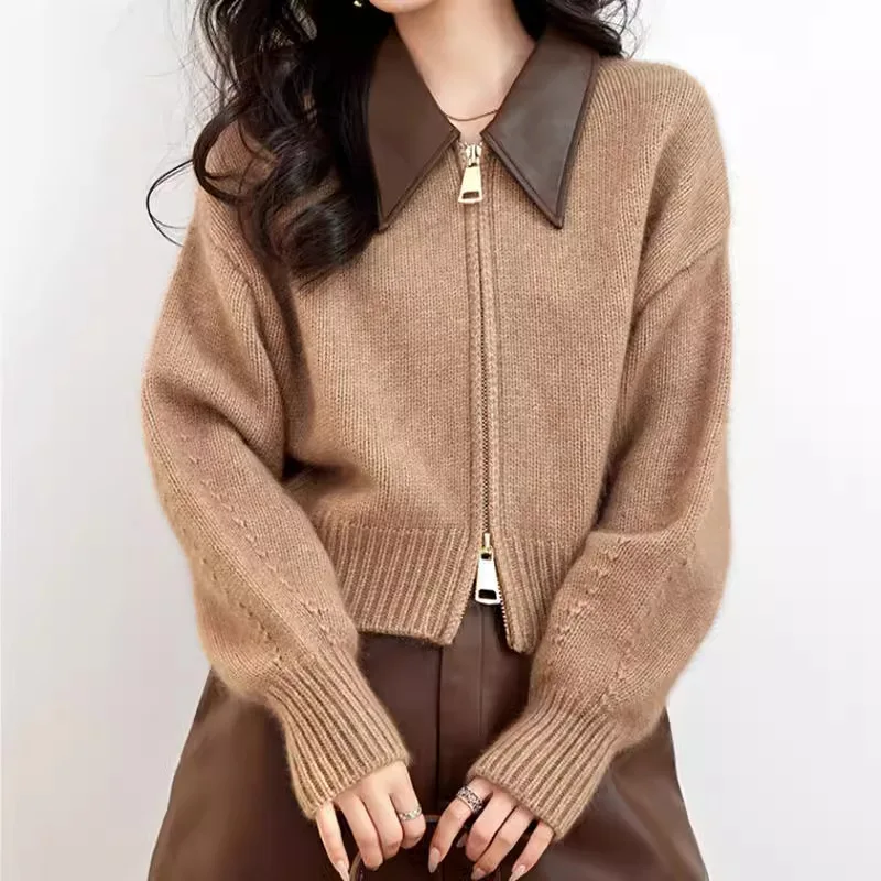 

Women Knitted Cardigan Sweaters Solid Jumper Zipper Turn Down Collar Long Sleeve Loose Slight Stretch Elegant Casual 2025 Autumn