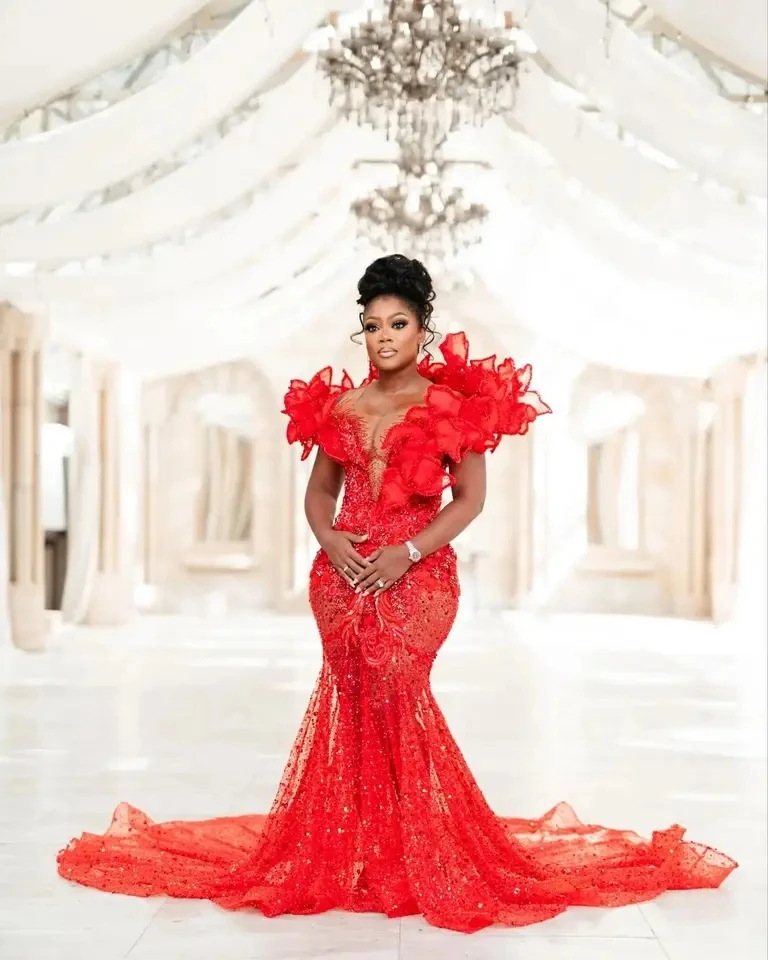 Romantic Red Beaded African Prom Dresses 2024 Luxury Sequins Lace Aso Ebi Wedding Reception Dress Black Women Formal Gowns Gala