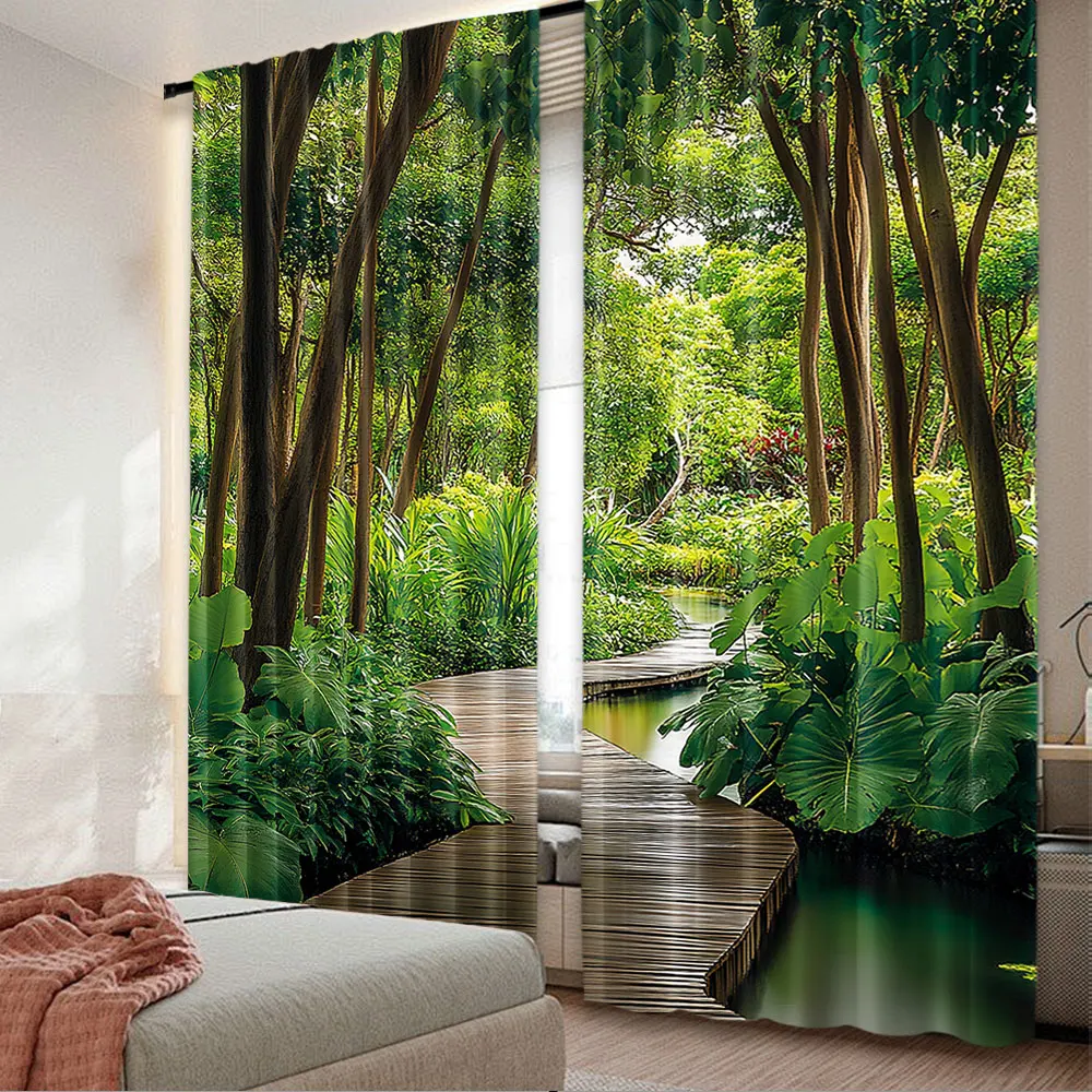 2Pcs Jungle Curtain Deep Forest With Wooden Pier And River Refreshing Exotic Nature Wild For Bedroom Living Room And Dining Room