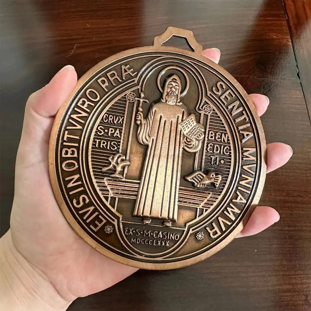 Extra Large Saint Benito Medal Zinc Alloy 5 Inch Saint Benedict Round Prize Home Decor Pendant Vintage Brass