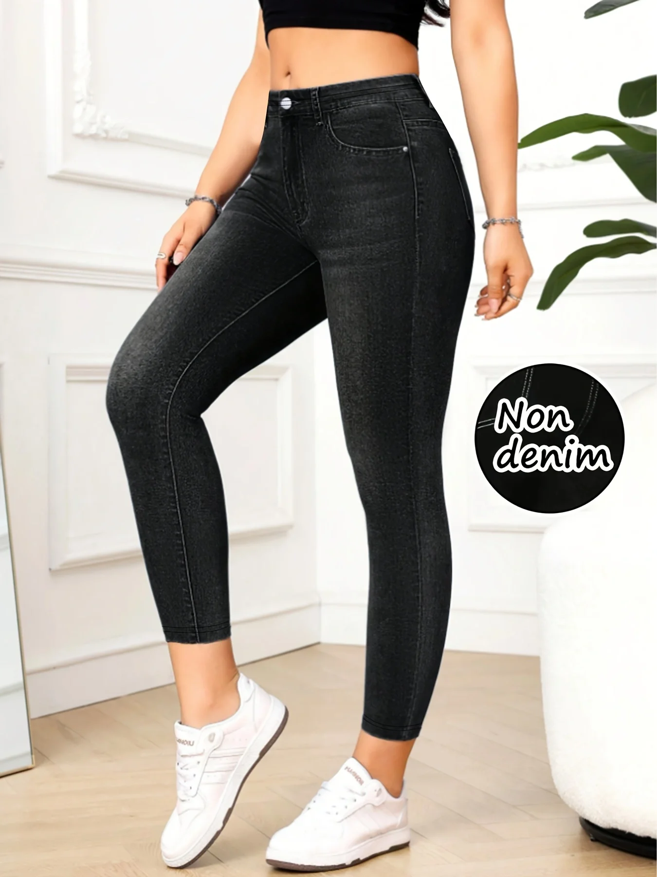 High Waist Non Denim Faux Denim Capri Leggings Women Soft Stretch Fake Pocket Butt Lift Skinny Cropped Yoga Casual Jeggings