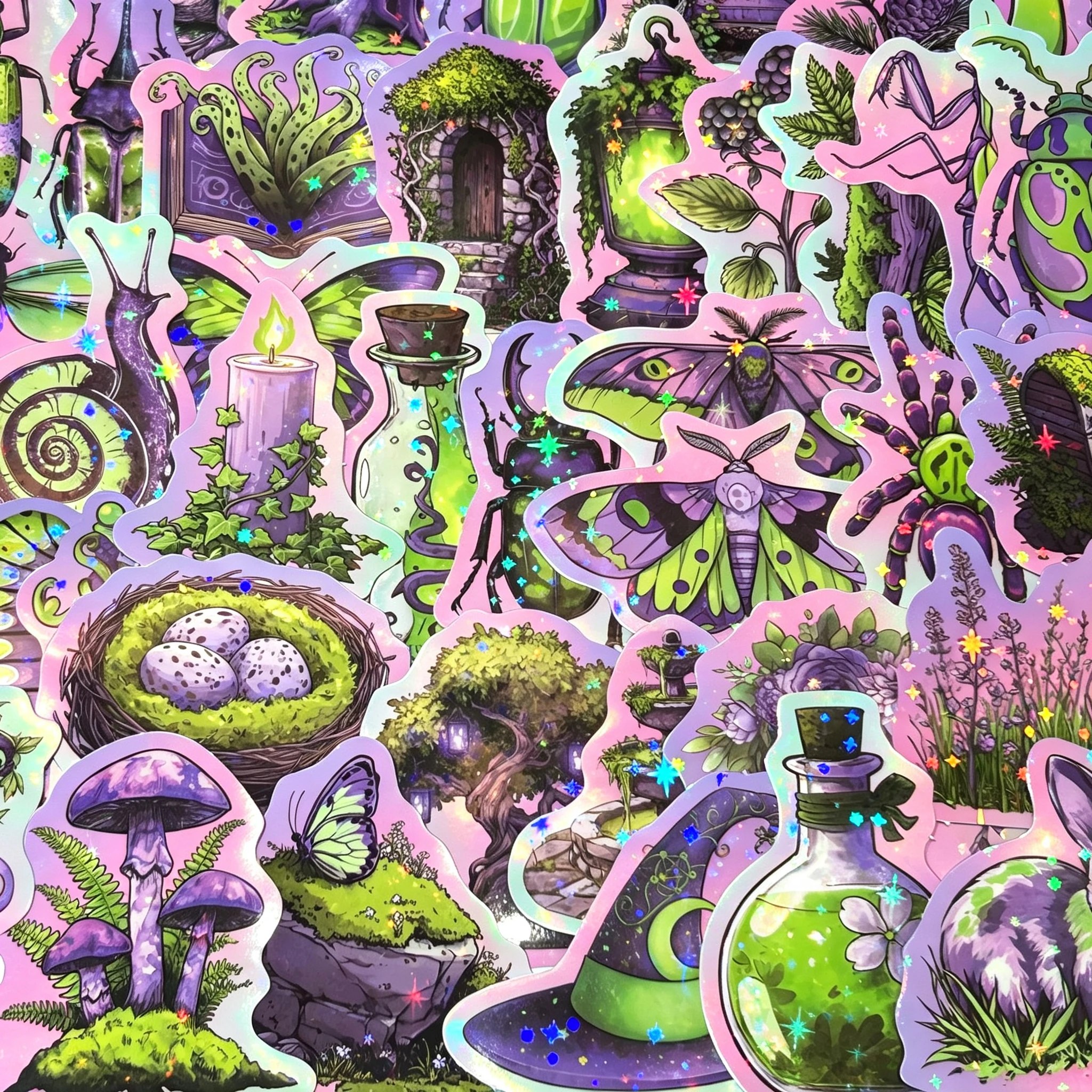 50pcs Green Purple Forest Magic Holographic Stickers Plant Animal Flower Sticker DIY Notebook Luggage Phone Water Bottle