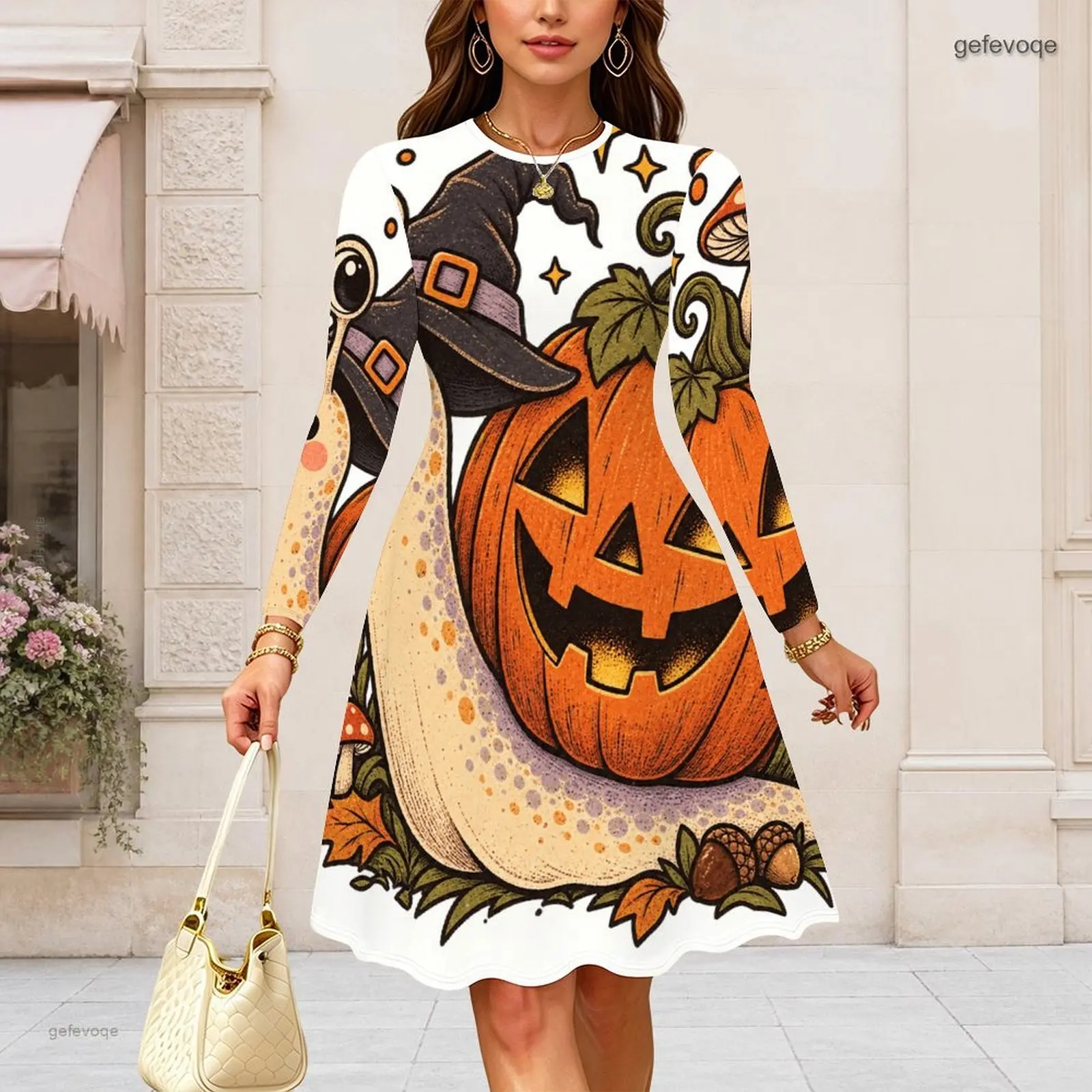 Women Round Neck Long Sleeve Midi Dress Slim Fit Waist A Line Swing Dresses Custom Print Lady Daily Party Dress