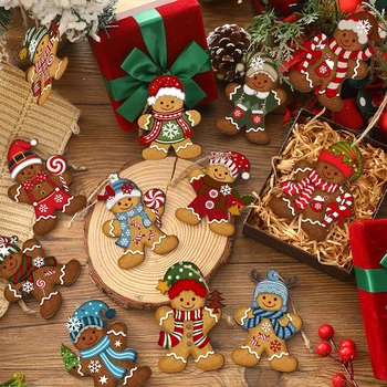 Pendentifs de noël en bois, 12 pièces, bonhomme en pain d'épice, arbre de noël suspendu, décorations pour la maison, cadeau du nouvel an 2024