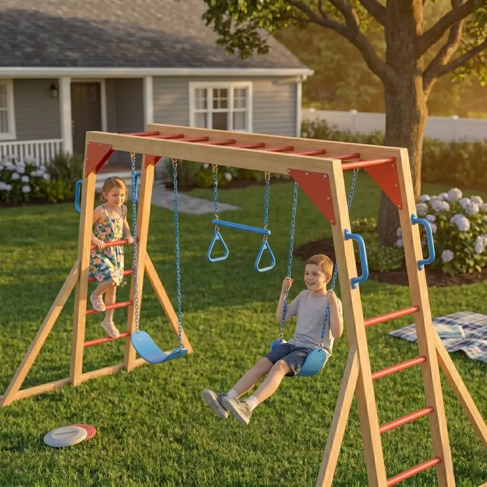 

Wooden Swing Sets for Backyard with Monkey Bar, Outdoor Playset for Kids with Trapeze Swing Bar and 2 Belt Swings, Heavy Duty P