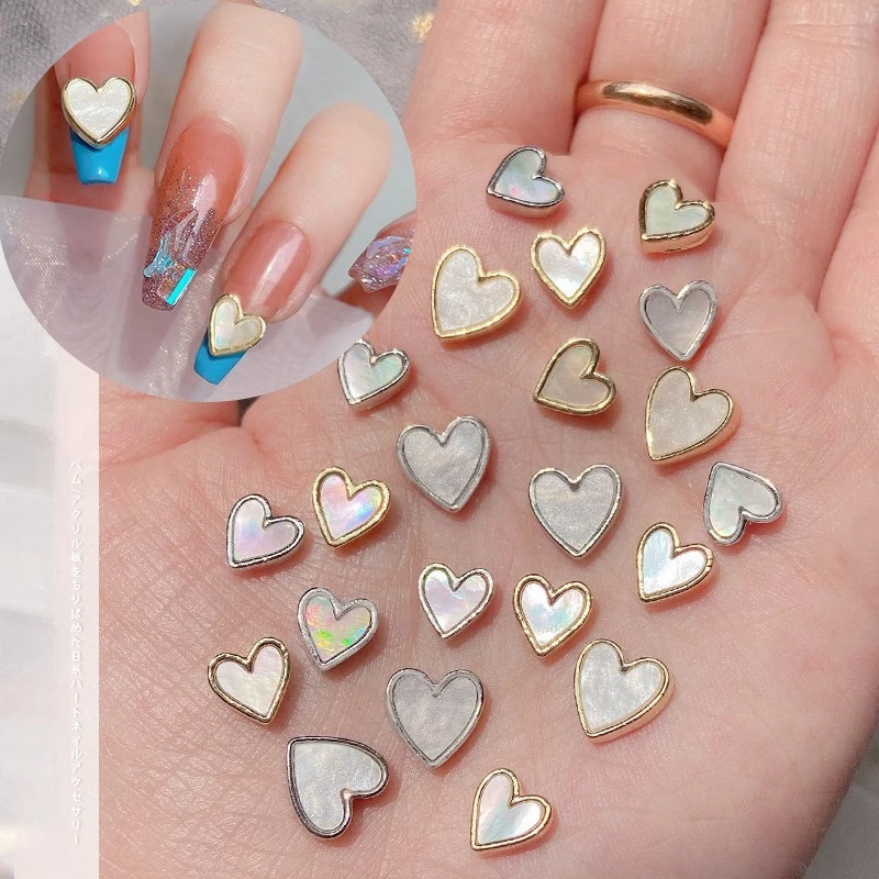 3Pcs New Trendy Shell Nail Charms, metal wrapped heart acrylic iridescent mother of pearl stones manicure rhinestone decorations