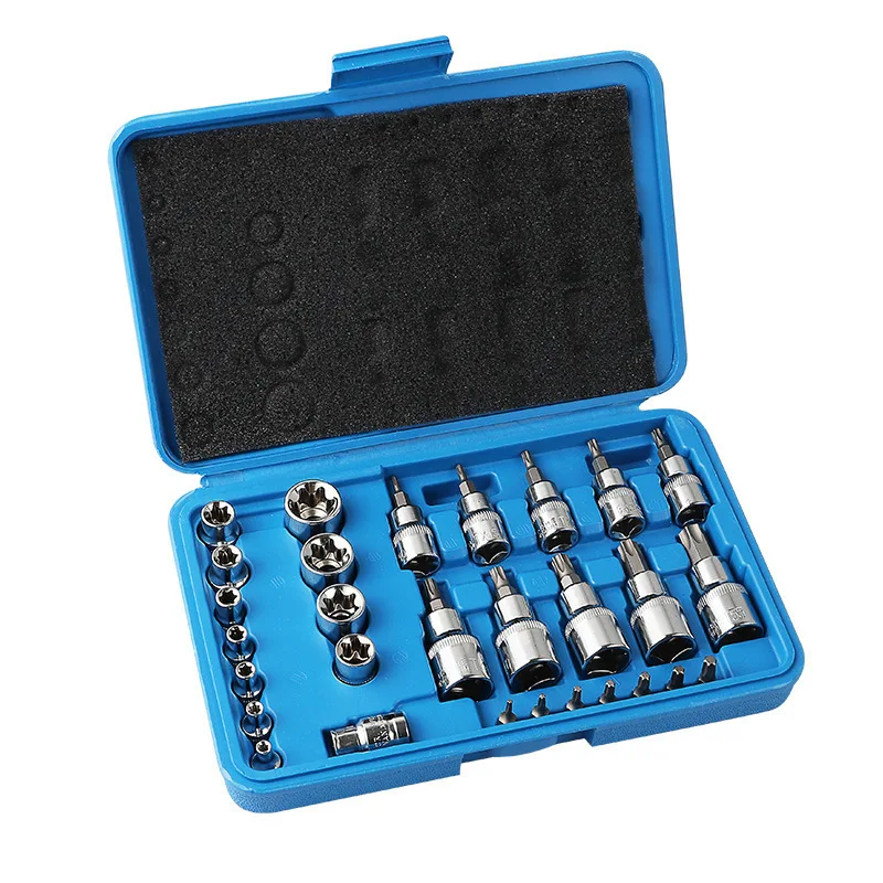 34 Piece Chrome Vanadium Steel Socket and Bit Set Imperial Mechanic Auto Repair Tool Kit with Plastic Case Use Home