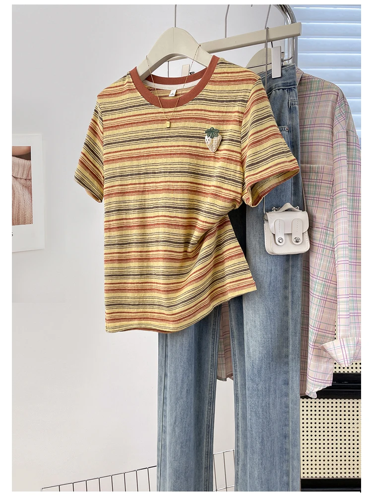 Casual Striped Short Sleeve T-Shirt Women's round Neck Texture Slimming Casual Versatile Top Breathable Combed Cotton Blend