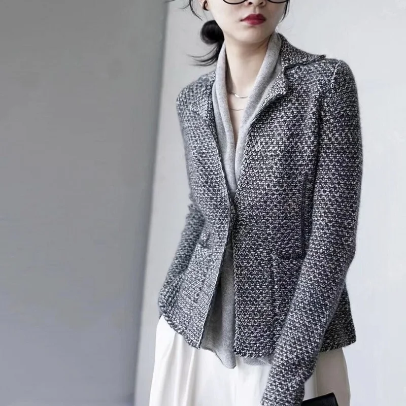 Autumn Winter 100% Cashmere Wool Women Sweater Tailored Collar Fake Two Piece Knit Cardigan French Luxury Casual Soft Suit Tops
