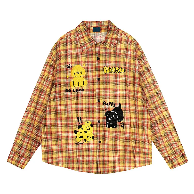

WESTSHAN Top Quality EU US Size Mens Long Sleeve Cartoon Embroidery Casual Soft Cotton Button Down Men Plaid Shirt