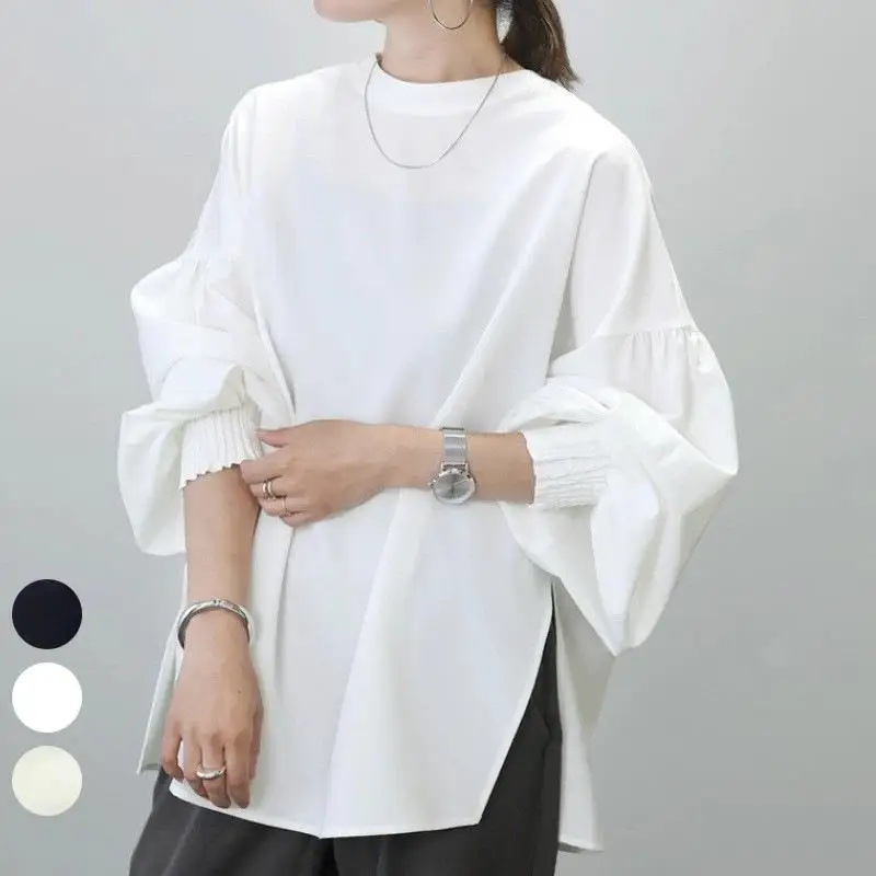 

Sensible Long Slit Shirt for Women Lantern Sleeve Polyester Cotton Blend Summer Fashion Casual Pure Color Women's Top