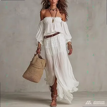 

Elegant One Shoulder Lantern Sleeve Dress with Belt, Fashionable Dresses for Women Spring Summer