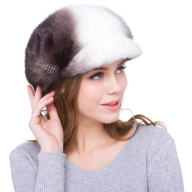 

Whole Mink Fur Hat Transition Color Mink Fur Ear Protection Hat Female Winter Hanging Dyed Fur Duck Tongue Hat