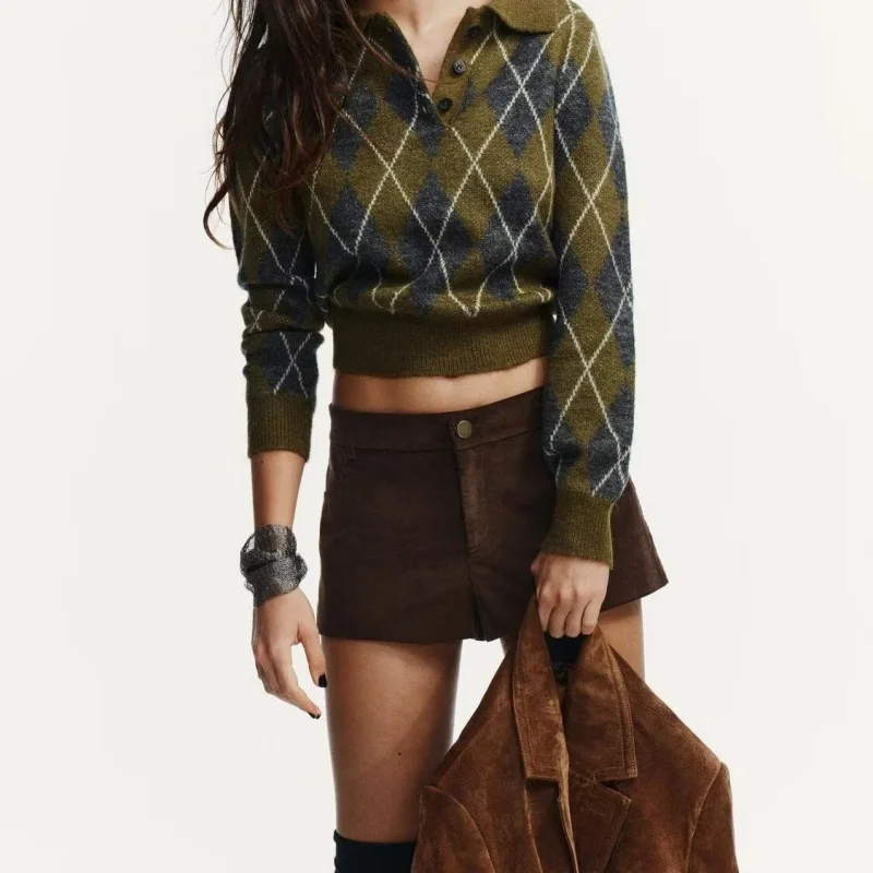 Rétro diamant motif col tricots Olive een couleur Blo haut ajusté pour les femmes automne hiver nouveau Sle