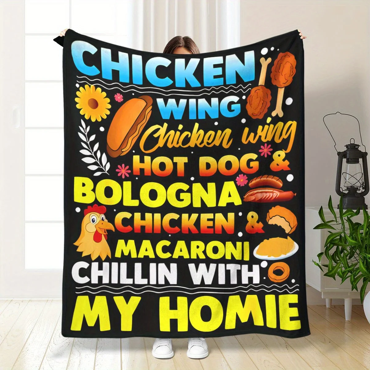 1pc Chicken Wing & BBQ Themed Flannel Blanket - Soft Polyester, All-Season Comfort for Home, Travel, Office, Camping - Ideal Gif