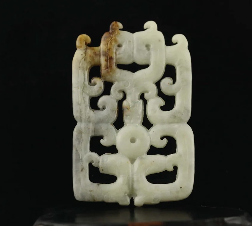 Old China natural jade hand-carved statue of double dragon loong pendant #48