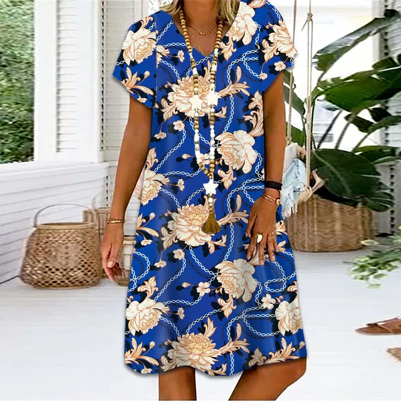 Vestido retrô elegante com estampa floral feminino curto, pulôver casual com decote em v, moda escritório, Festa, verão, 2023