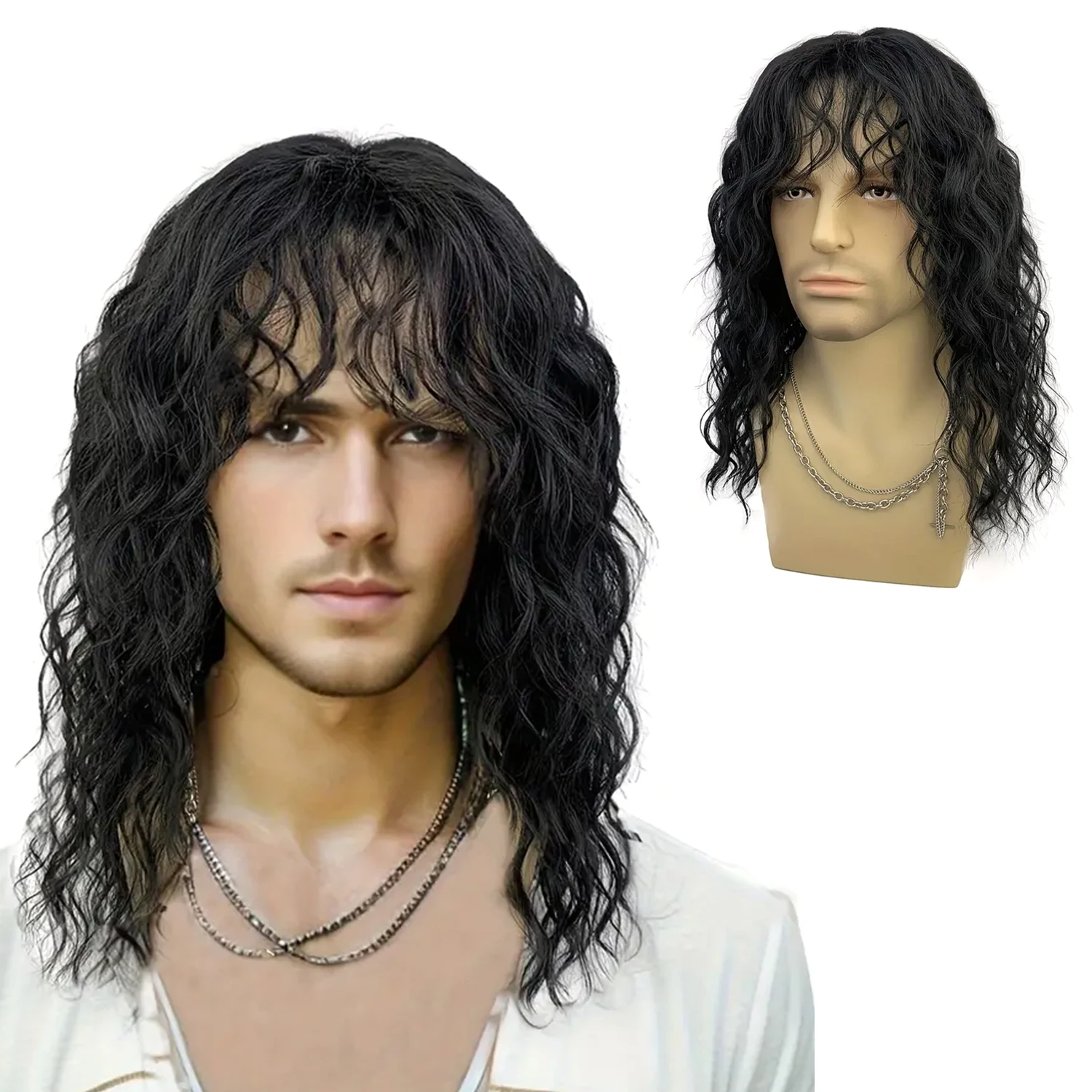 18 Inch Synthetic Rock Wig Men/Women Black White Bangs Long Wavy Curly Wig Party or Halloween Wig