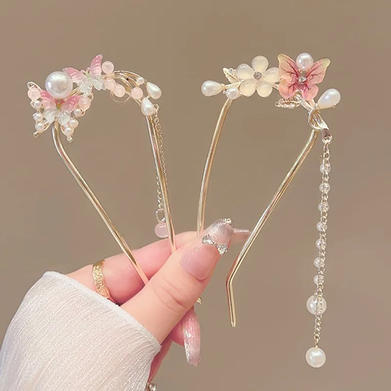 رائعة وعصرية المعادن زهرة فراشة شرابة النمط الصيني فتاة U على شكل Hanfu مشبك شعر أغطية الرأس مجوهرات عصا الشعر